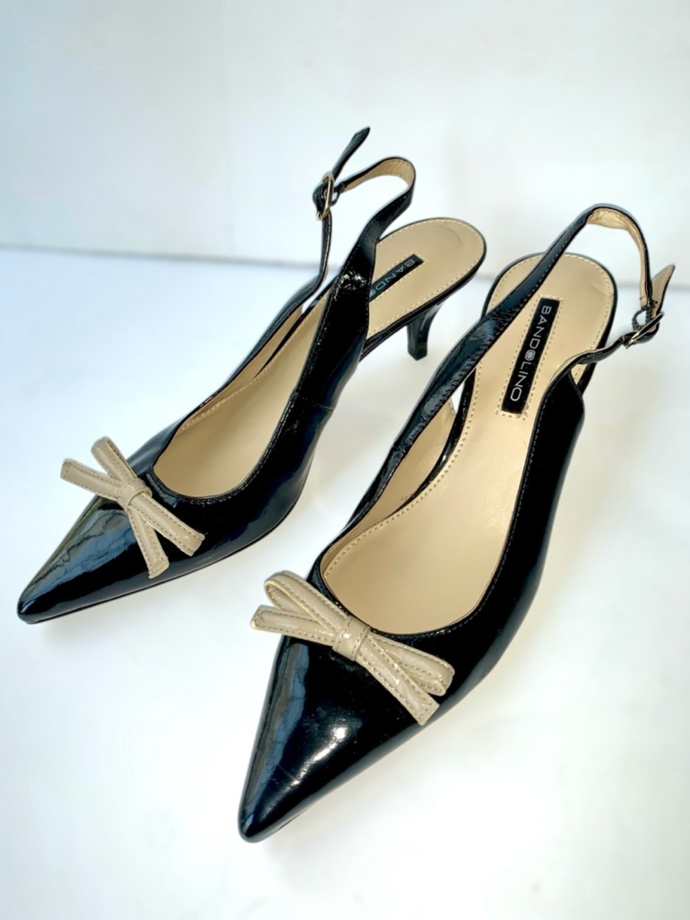 Bandolino Black Patent Slingback Pumps with Tan Bow Accent
